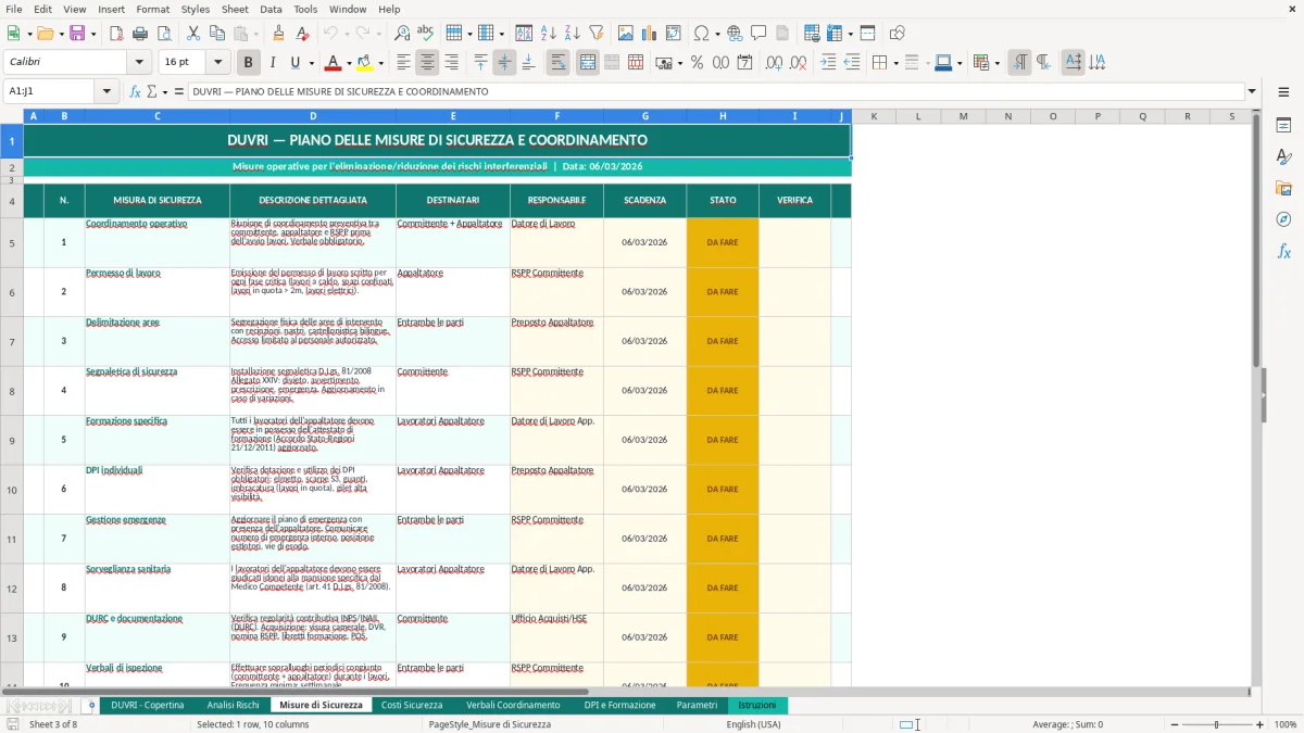 Screenshot 3: Foglio Misure di Sicurezza - Modello Excel modello DUVRI excel