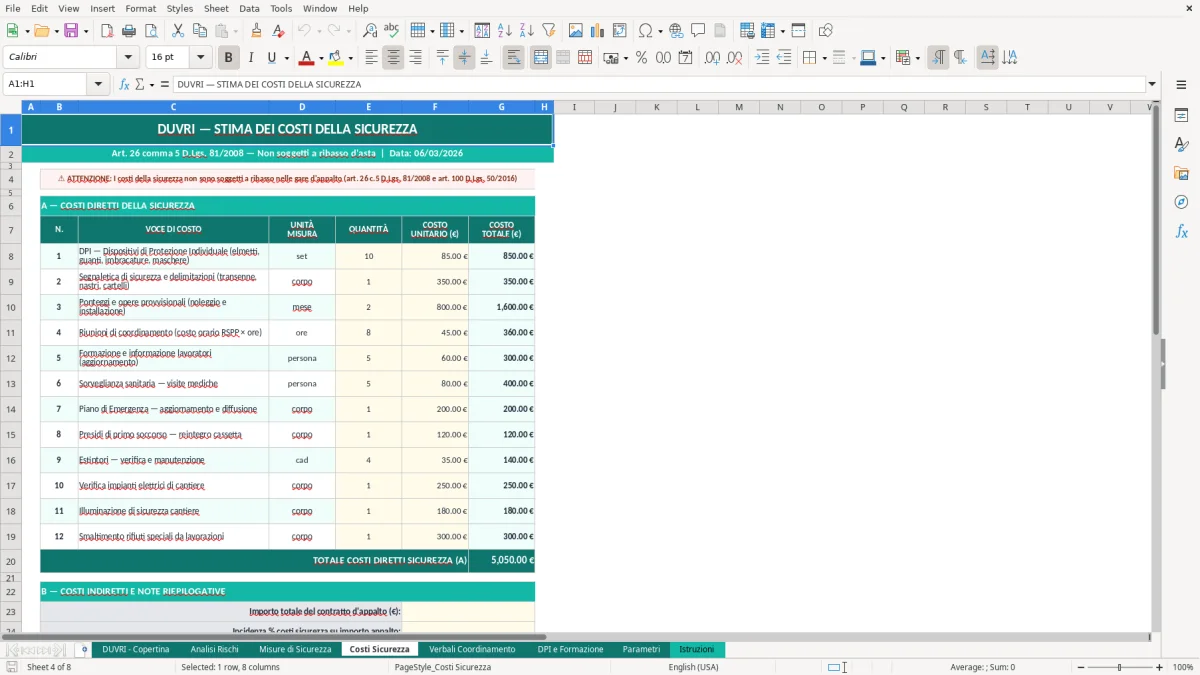 Screenshot 4: Foglio Costi Sicurezza - Modello Excel modello DUVRI excel