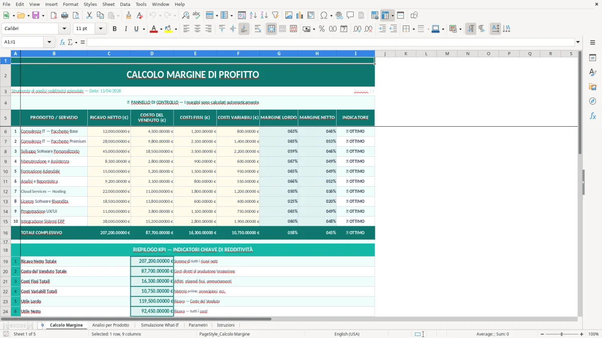 Screenshot 1: Foglio Calcolo Margine - Modello Excel calcolo margine di profitto excel