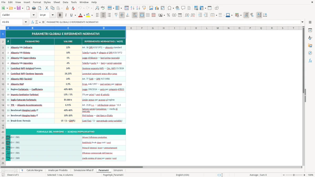 Screenshot 4: Foglio Parametri - Modello Excel calcolo margine di profitto excel