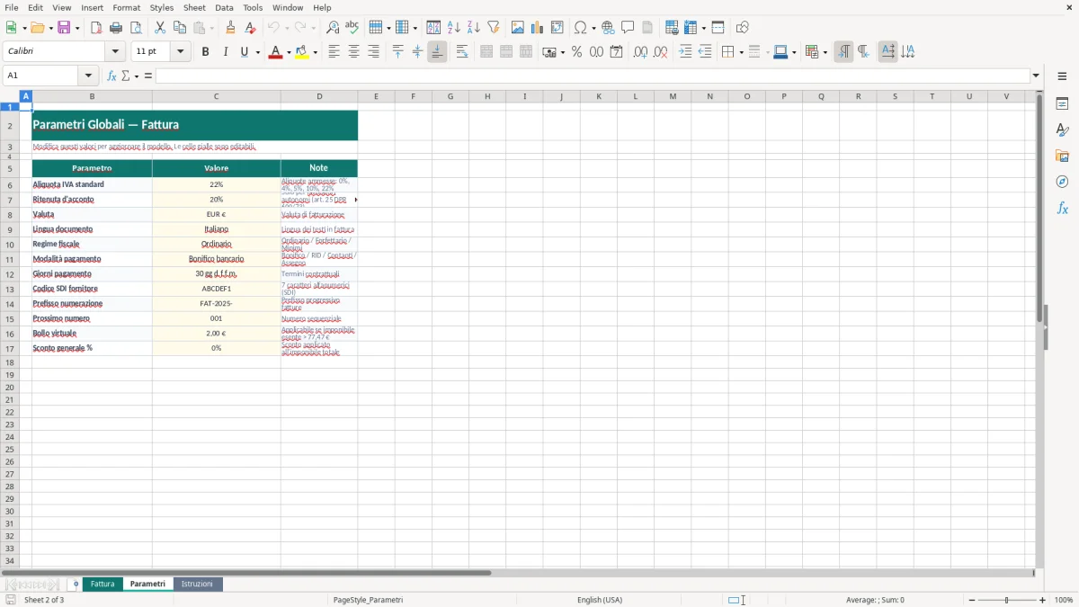 Screenshot 2: Foglio Parametri - Modello Excel modello fattura excel