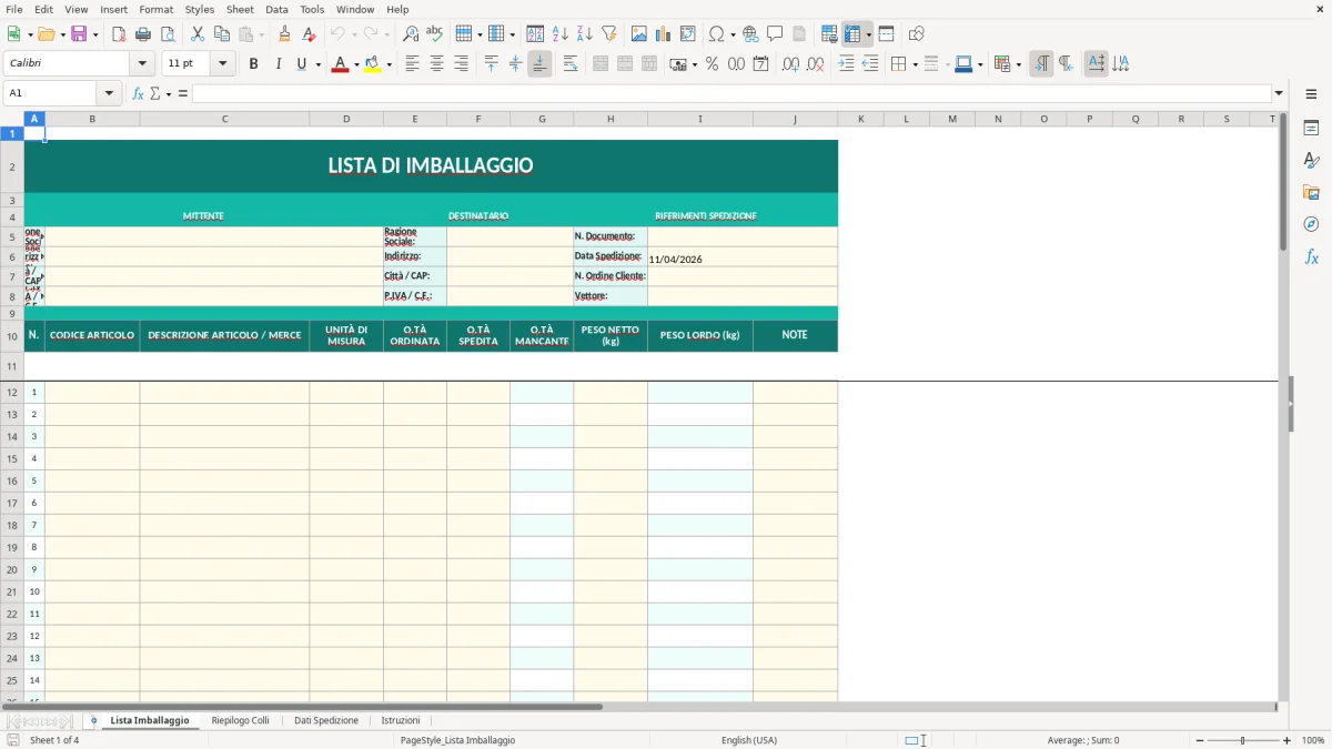 Screenshot 1: Foglio Lista Imballaggio - Modello Excel modello lista imballaggio excel