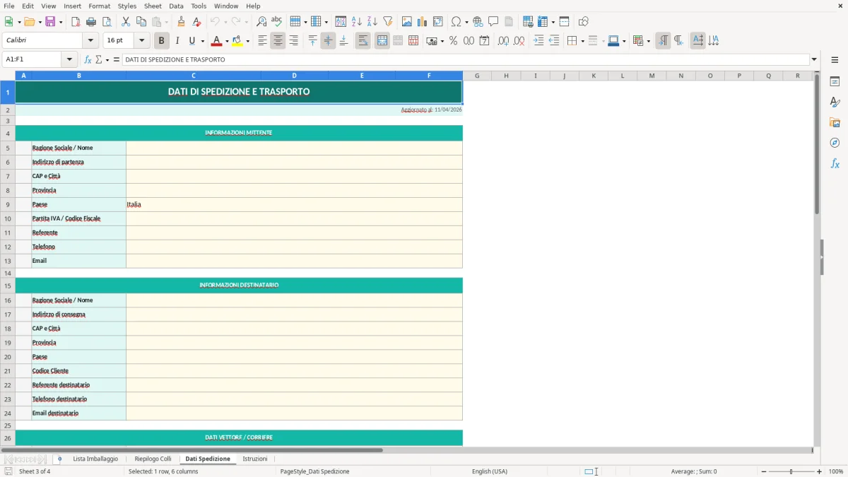 Screenshot 3: Foglio Dati Spedizione - Modello Excel modello lista imballaggio excel