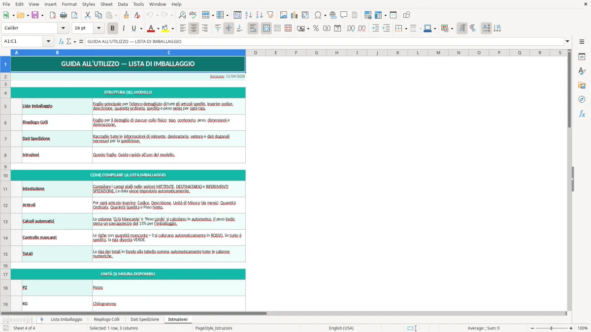 Screenshot 4: Foglio Istruzioni - Modello Excel modello lista imballaggio excel