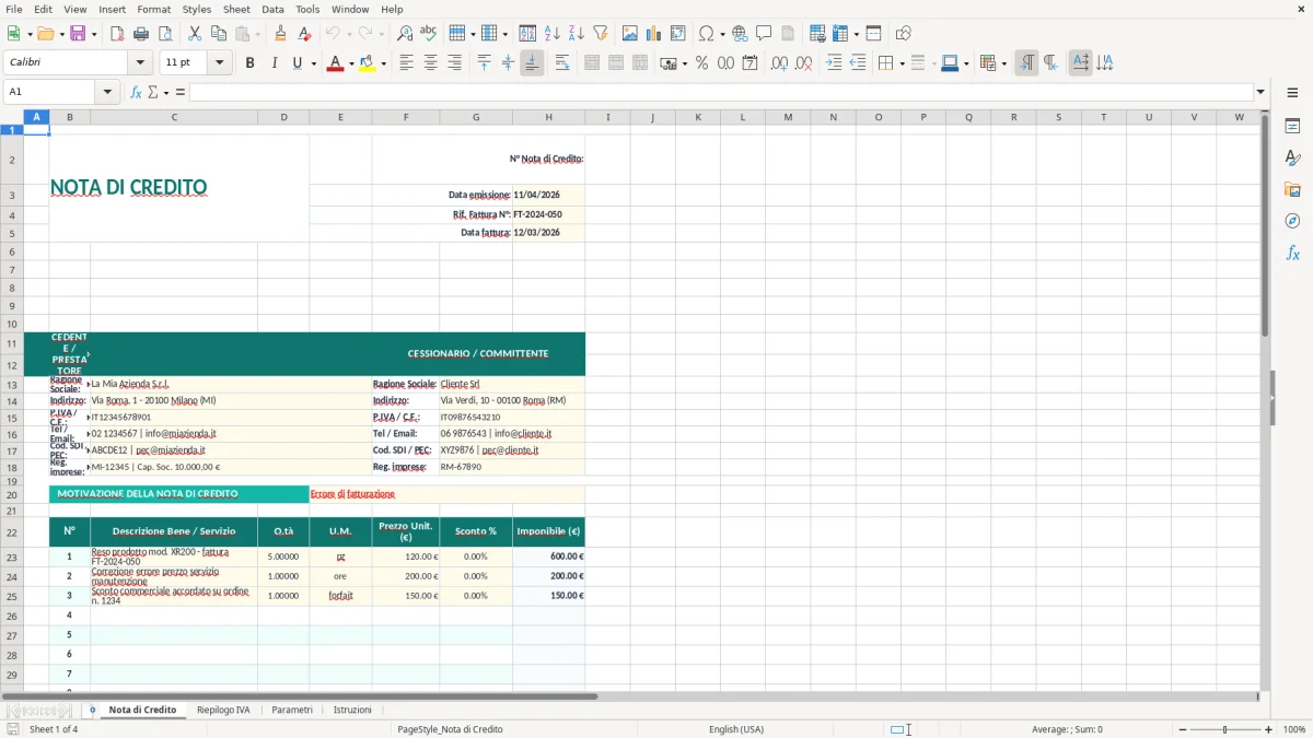 Screenshot 1: Foglio Nota di Credito - Modello Excel modello nota di credito excel