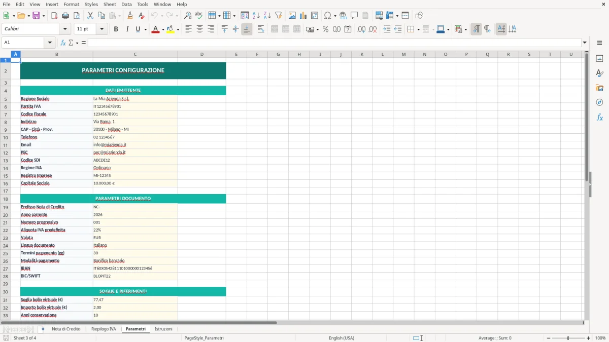 Screenshot 3: Foglio Parametri - Modello Excel modello nota di credito excel