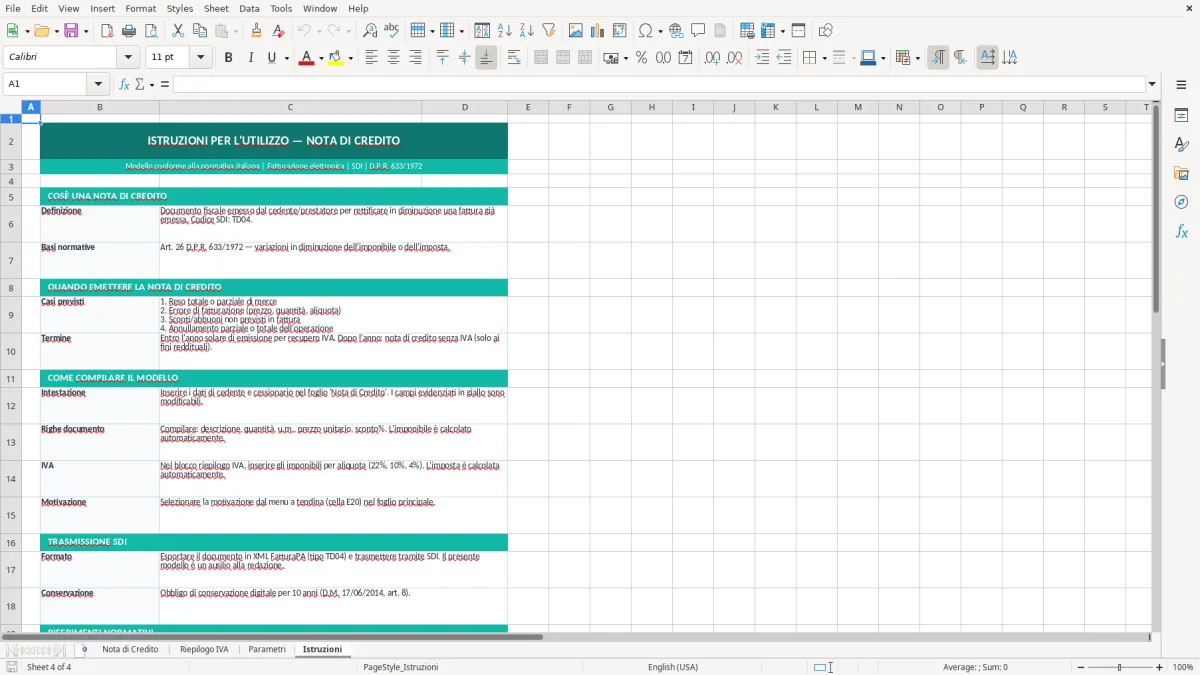 Screenshot 4: Foglio Istruzioni - Modello Excel modello nota di credito excel
