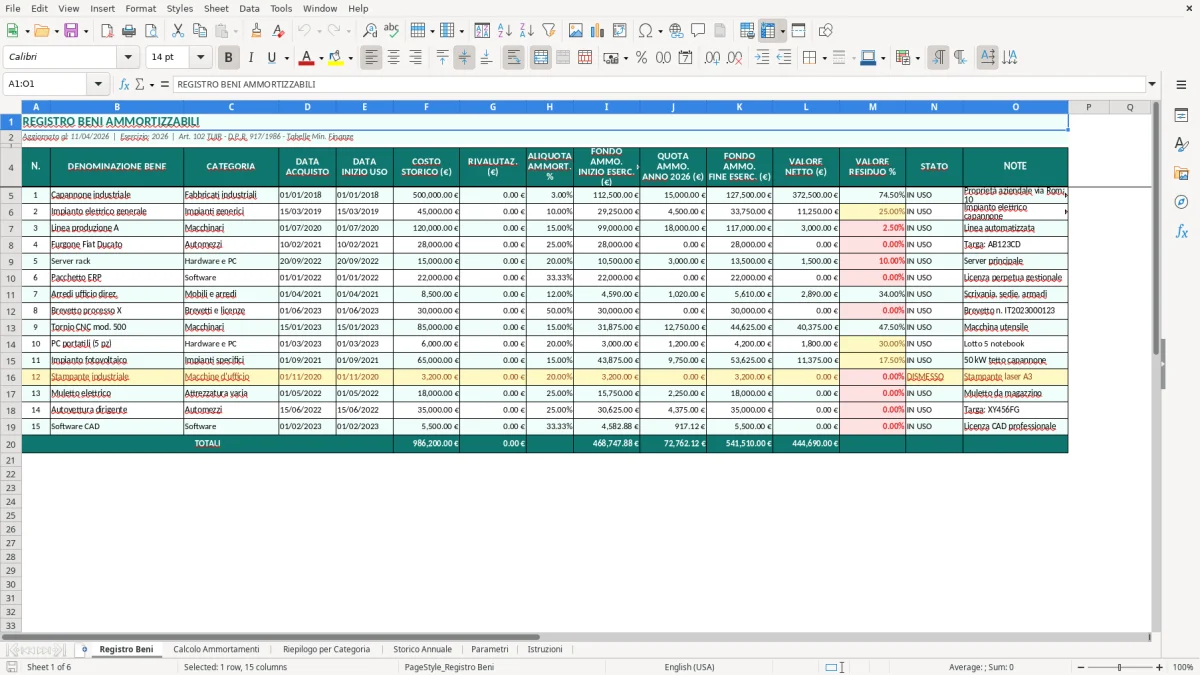 Screenshot 1: Foglio Registro Beni - Modello Excel registro beni ammortizzabili excel