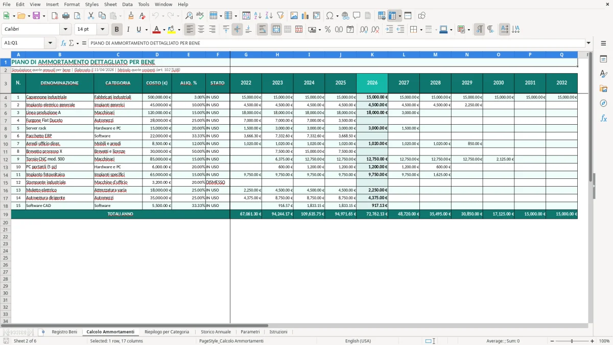 Screenshot 2: Foglio Calcolo Ammortamenti - Modello Excel registro beni ammortizzabili excel