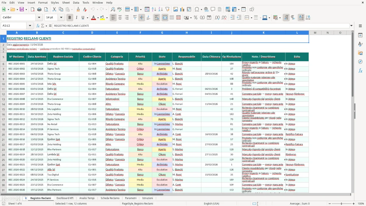 Screenshot 1: Foglio Registro Reclami - Modello Excel registro reclami clienti excel