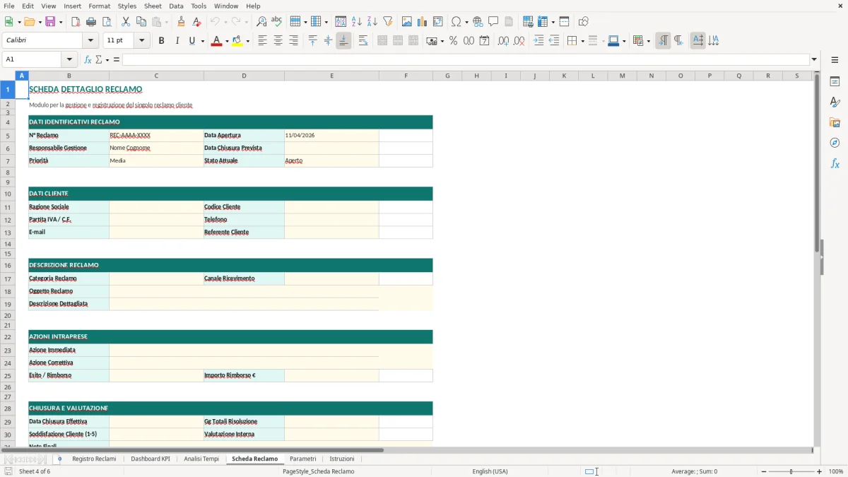 Screenshot 4: Foglio Scheda Reclamo - Modello Excel registro reclami clienti excel