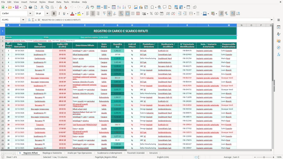 Screenshot 1: Foglio Registro Rifiuti - Modello Excel registro smaltimento rifiuti excel