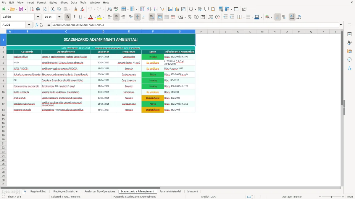 Screenshot 4: Foglio Scadenzario e Adempimenti - Modello Excel registro smaltimento rifiuti excel