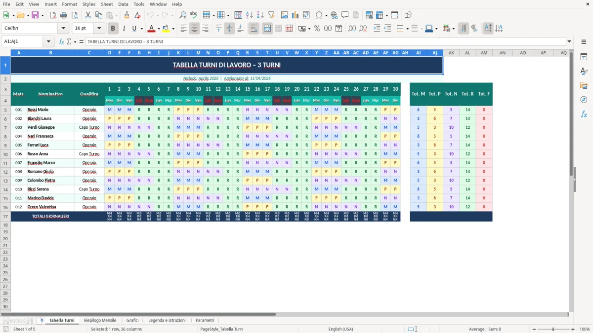 Screenshot 1: Foglio Tabella Turni - Modello Excel tabella turni 3 turni excel
