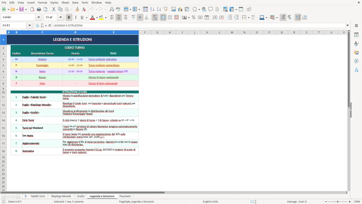 Screenshot 4: Foglio Legenda e Istruzioni - Modello Excel tabella turni 3 turni excel