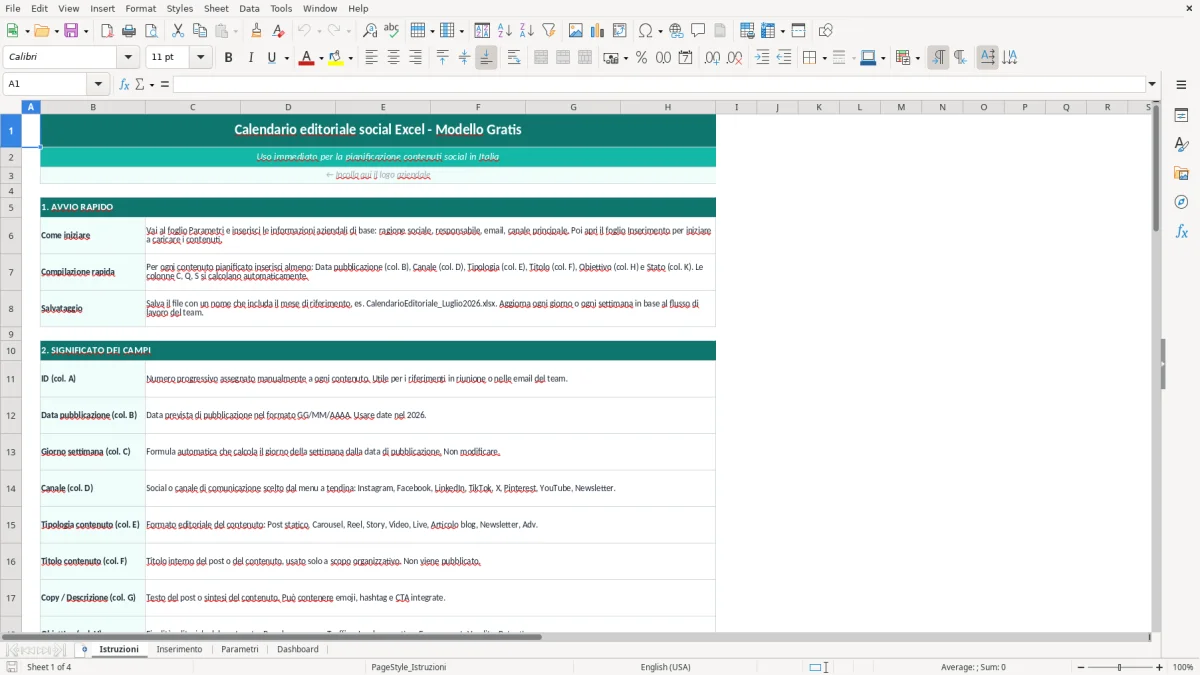 Screenshot 1: Foglio Istruzioni - Modello Excel Calendario editoriale social Excel - Modello Gratis (2026)