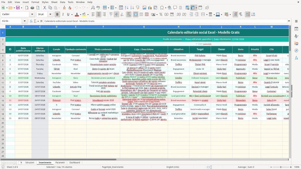 Screenshot 2: Foglio Inserimento - Modello Excel Calendario editoriale social Excel - Modello Gratis (2026)