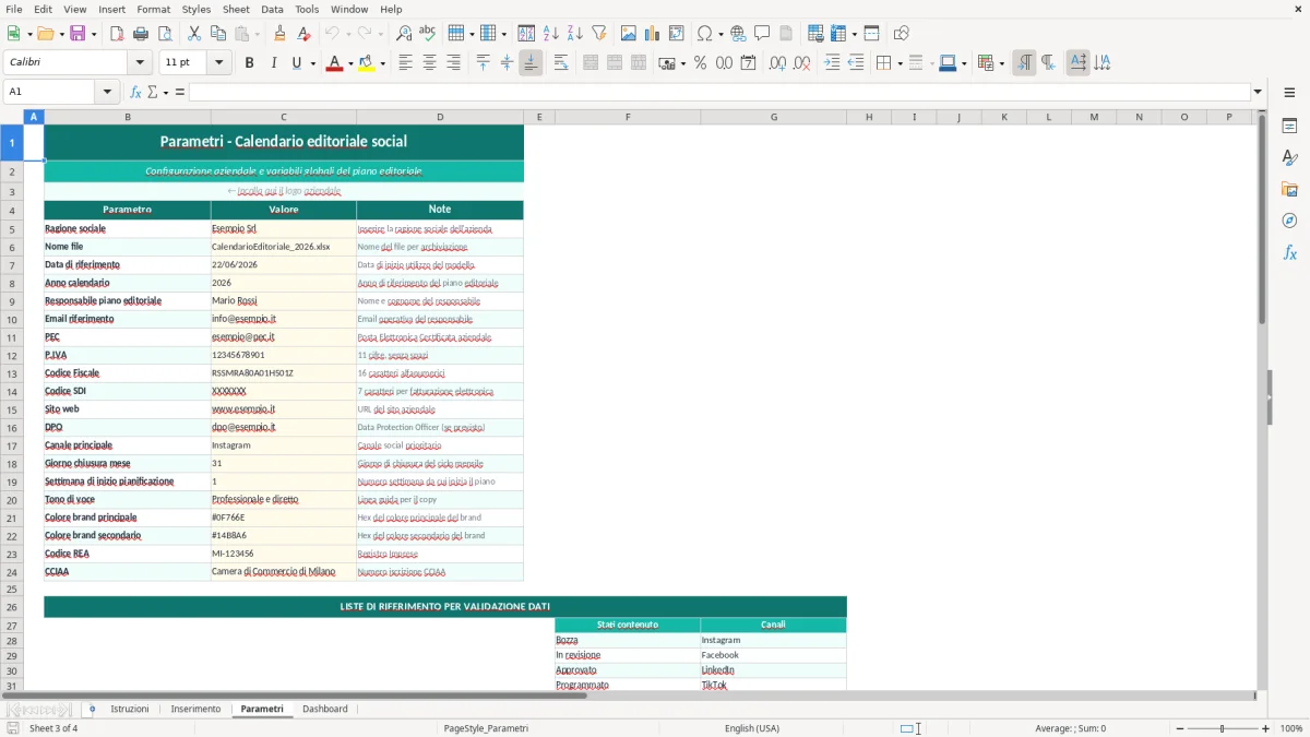Screenshot 3: Foglio Parametri - Modello Excel Calendario editoriale social Excel - Modello Gratis (2026)