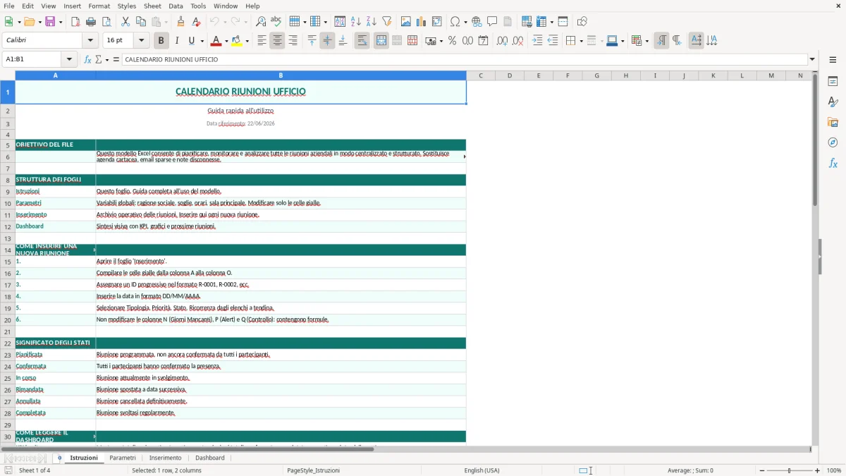 Screenshot 1: Foglio Istruzioni - Modello Excel Calendario riunioni ufficio Excel - Modello Gratis (2026)