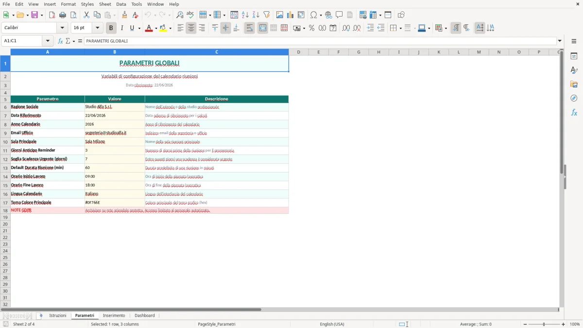 Screenshot 2: Foglio Parametri - Modello Excel Calendario riunioni ufficio Excel - Modello Gratis (2026)