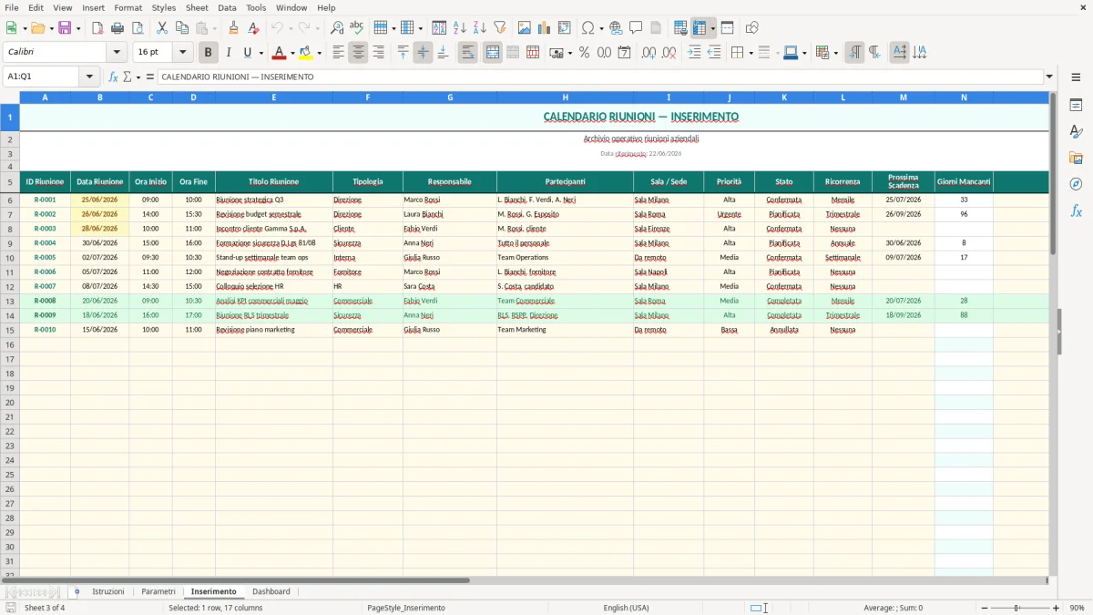 Screenshot 3: Foglio Inserimento - Modello Excel Calendario riunioni ufficio Excel - Modello Gratis (2026)