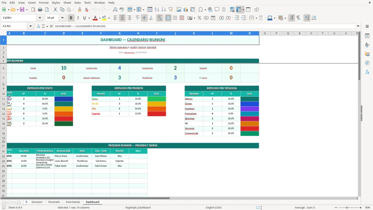 Screenshot 4: Foglio Dashboard - Modello Excel Calendario riunioni ufficio Excel - Modello Gratis (2026)