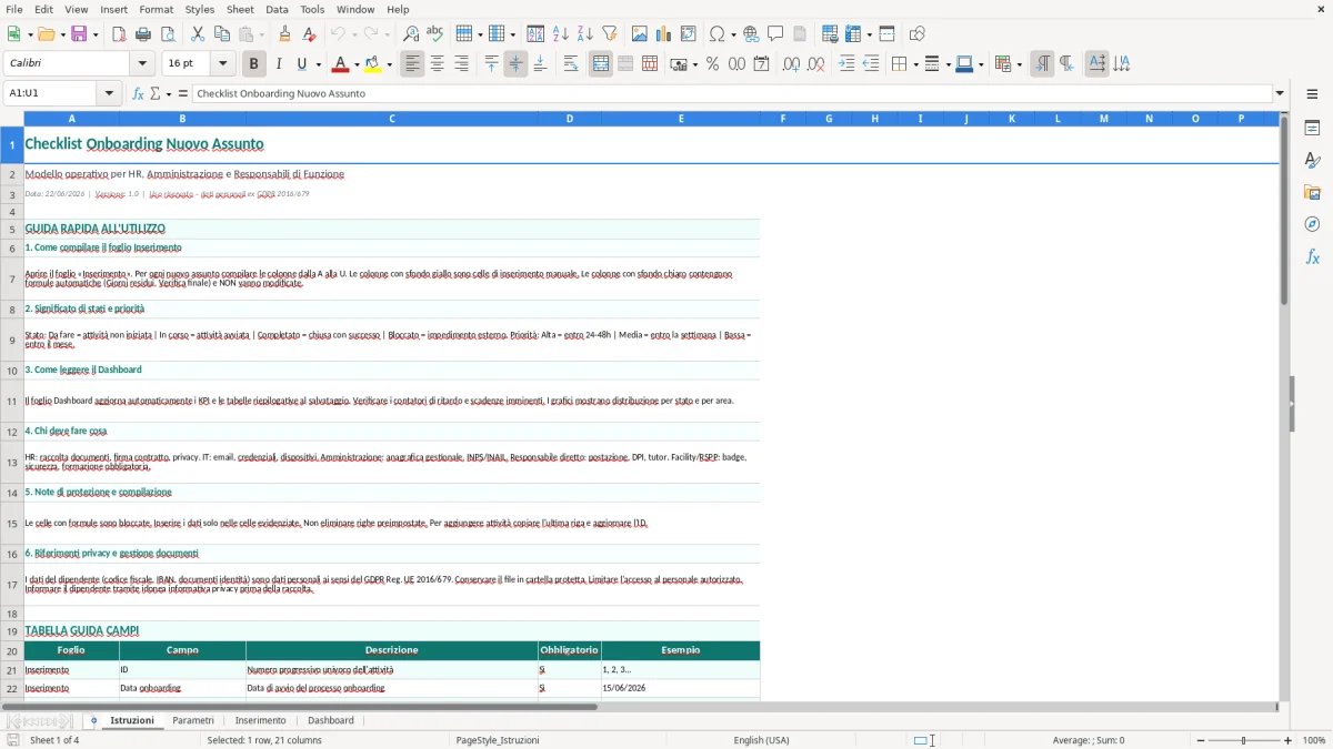 Screenshot 1: Foglio Istruzioni - Modello Excel Checklist onboarding nuovo assunto Excel - Modello Gratis (2026)