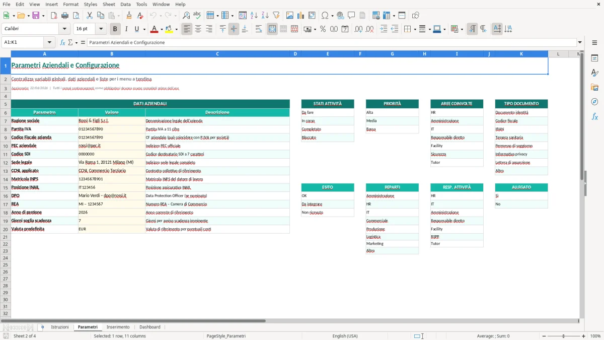 Screenshot 2: Foglio Parametri - Modello Excel Checklist onboarding nuovo assunto Excel - Modello Gratis (2026)