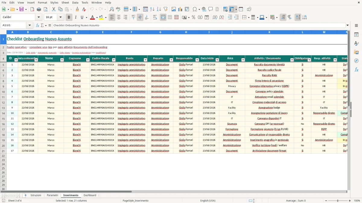 Screenshot 3: Foglio Inserimento - Modello Excel Checklist onboarding nuovo assunto Excel - Modello Gratis (2026)