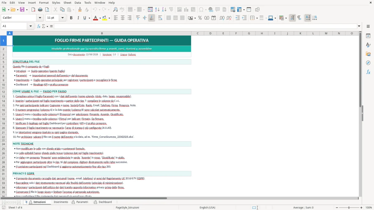 Screenshot 1: Foglio Istruzioni - Modello Excel Foglio firme partecipanti Excel - Modello Gratis (2026)
