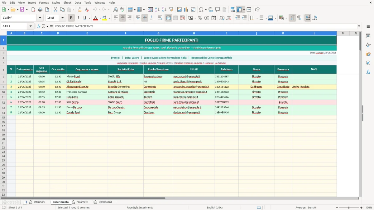 Screenshot 2: Foglio Inserimento - Modello Excel Foglio firme partecipanti Excel - Modello Gratis (2026)