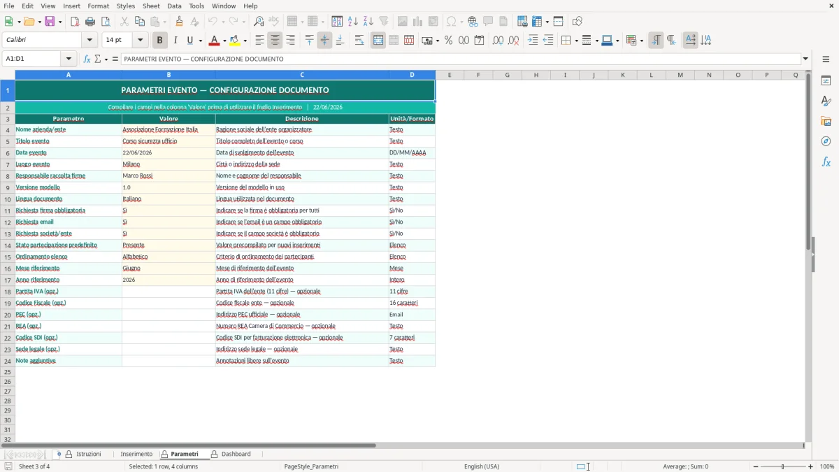 Screenshot 3: Foglio Parametri - Modello Excel Foglio firme partecipanti Excel - Modello Gratis (2026)
