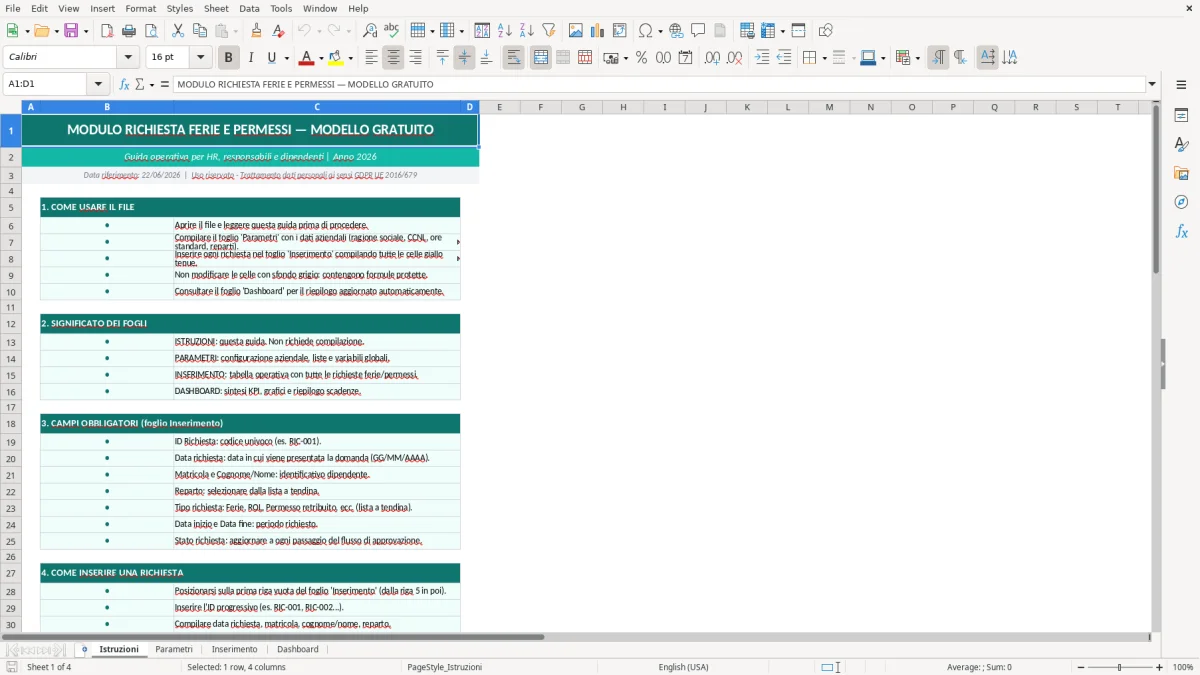 Screenshot 1: Foglio Istruzioni - Modello Excel Modulo richiesta ferie permessi Excel - Modello Gratis (2026)