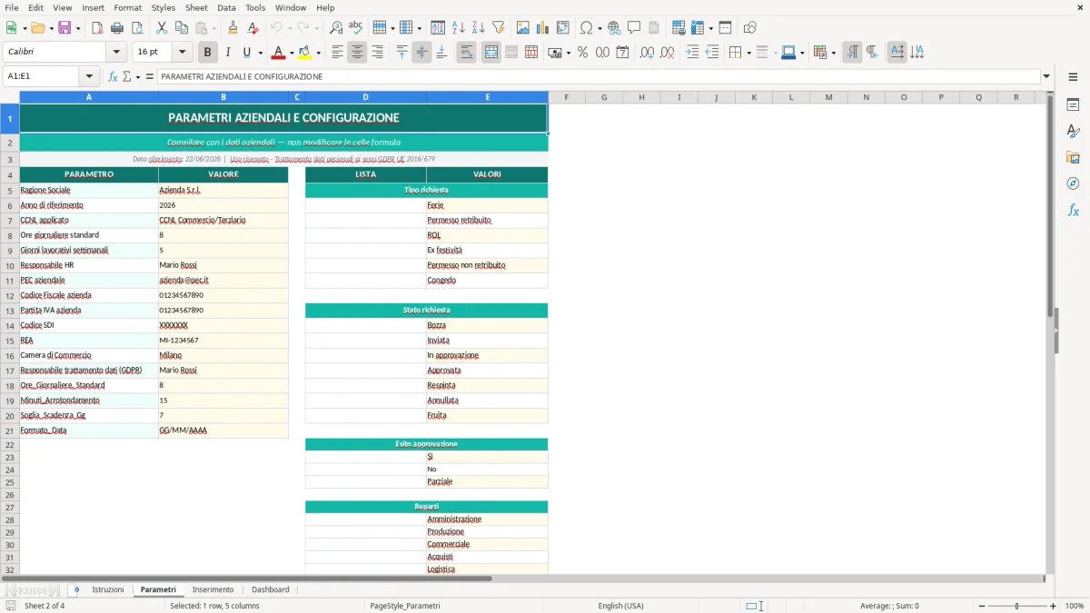 Screenshot 2: Foglio Parametri - Modello Excel Modulo richiesta ferie permessi Excel - Modello Gratis (2026)