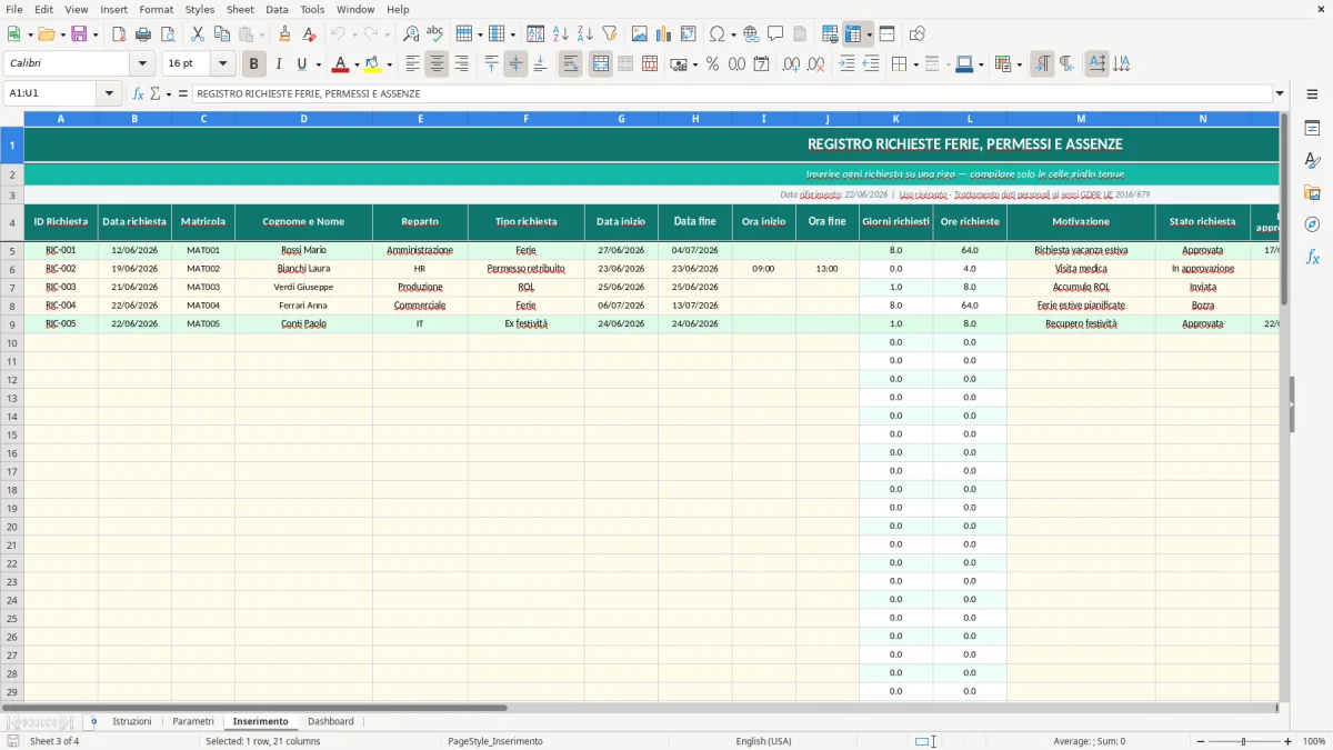 Screenshot 3: Foglio Inserimento - Modello Excel Modulo richiesta ferie permessi Excel - Modello Gratis (2026)