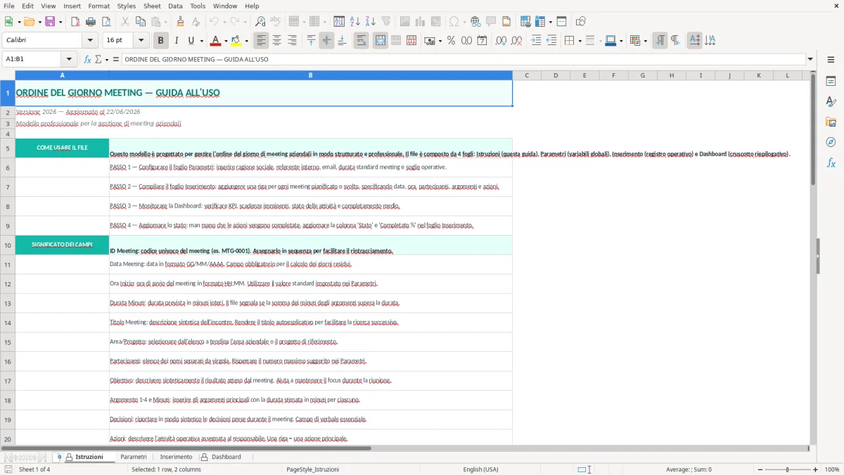 Screenshot 1: Foglio Istruzioni - Modello Excel Ordine del giorno meeting Excel - Modello Gratis (2026)