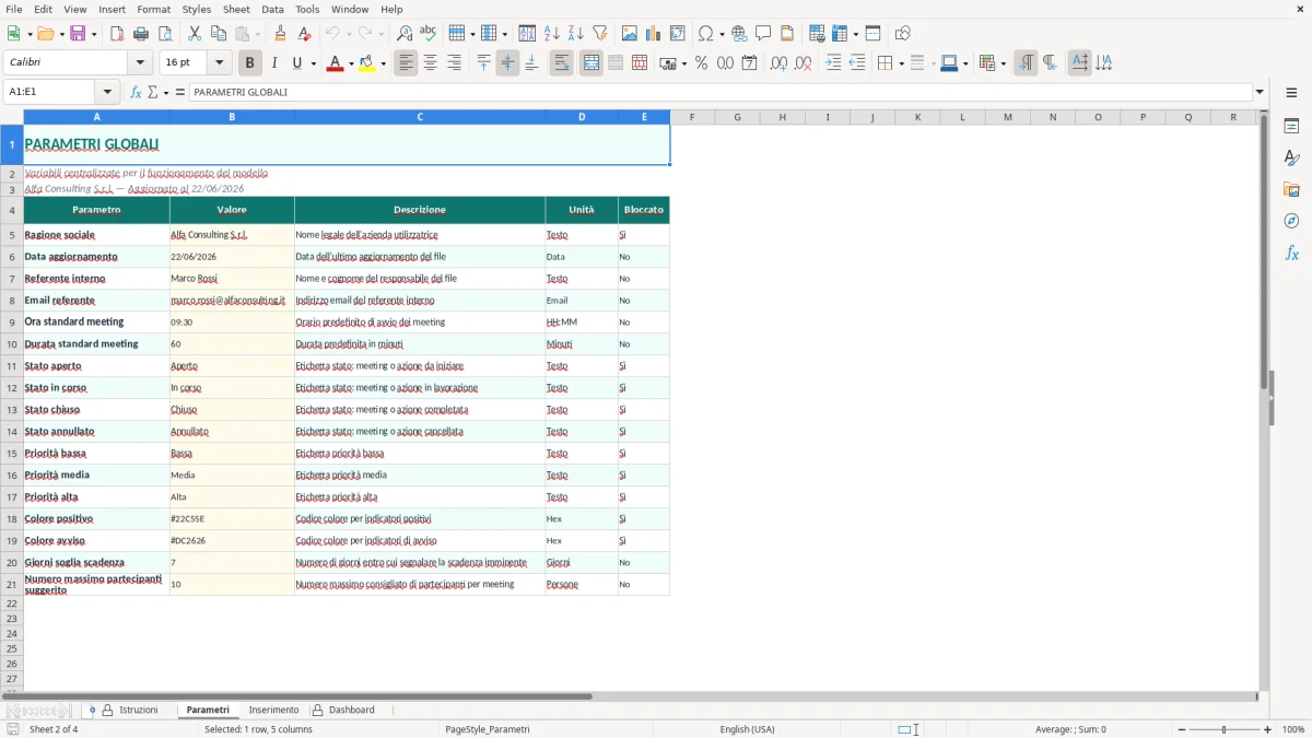 Screenshot 2: Foglio Parametri - Modello Excel Ordine del giorno meeting Excel - Modello Gratis (2026)