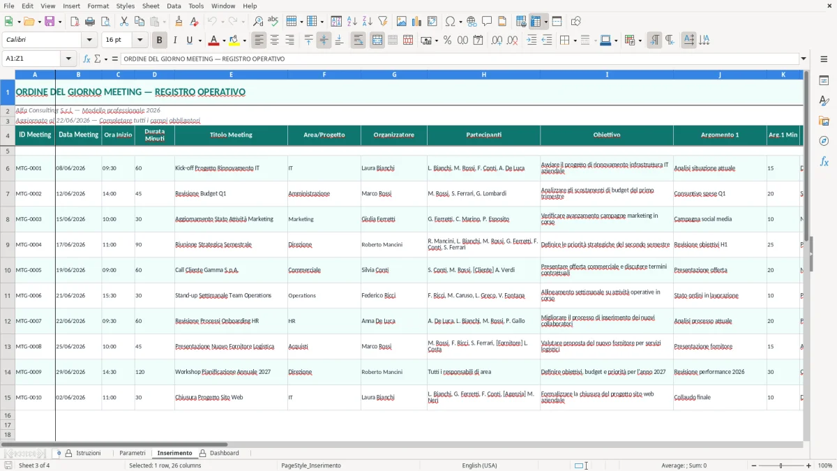 Screenshot 3: Foglio Inserimento - Modello Excel Ordine del giorno meeting Excel - Modello Gratis (2026)