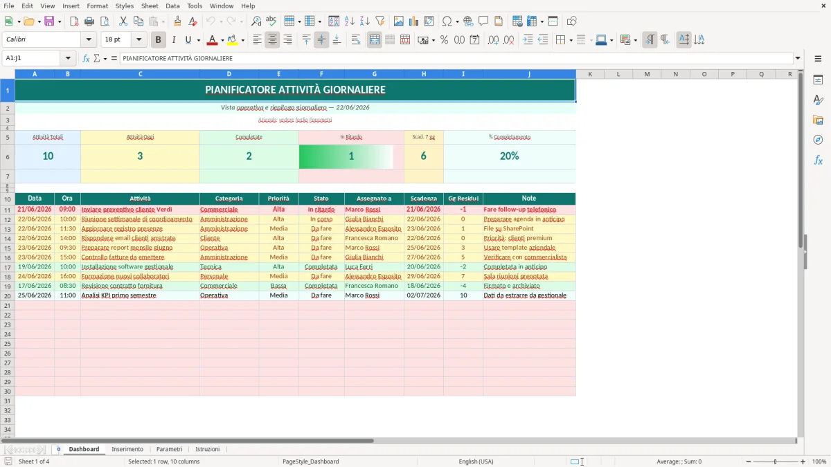 Screenshot 1: Foglio Dashboard - Modello Excel Pianificatore attività giornaliere Excel - Modello Gratis (2026)