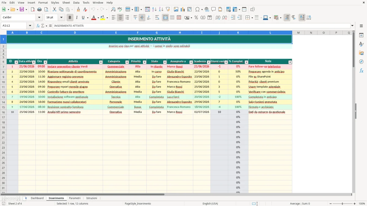 Screenshot 2: Foglio Inserimento - Modello Excel Pianificatore attività giornaliere Excel - Modello Gratis (2026)