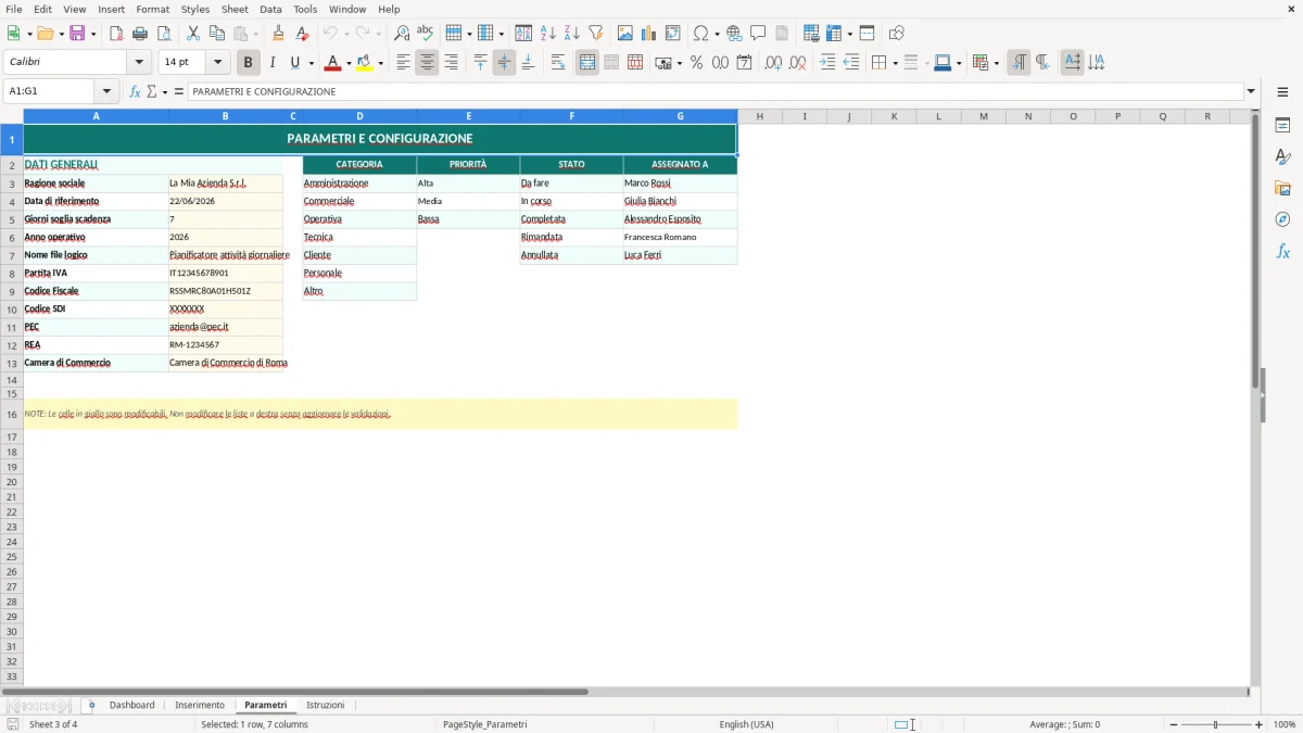 Screenshot 3: Foglio Parametri - Modello Excel Pianificatore attività giornaliere Excel - Modello Gratis (2026)