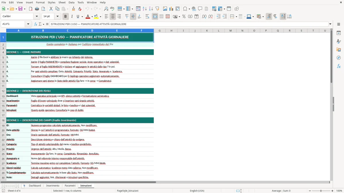 Screenshot 4: Foglio Istruzioni - Modello Excel Pianificatore attività giornaliere Excel - Modello Gratis (2026)