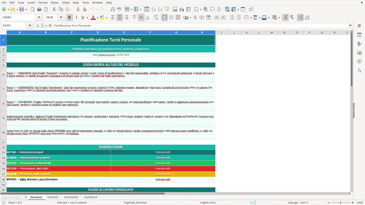 Screenshot 1: Foglio Istruzioni - Modello Excel Pianificazione turni personale Excel - Modello Gratis (2026)