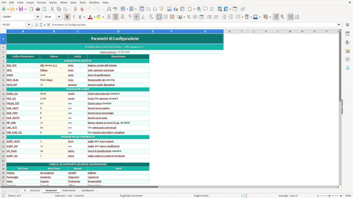 Screenshot 2: Foglio Parametri - Modello Excel Pianificazione turni personale Excel - Modello Gratis (2026)