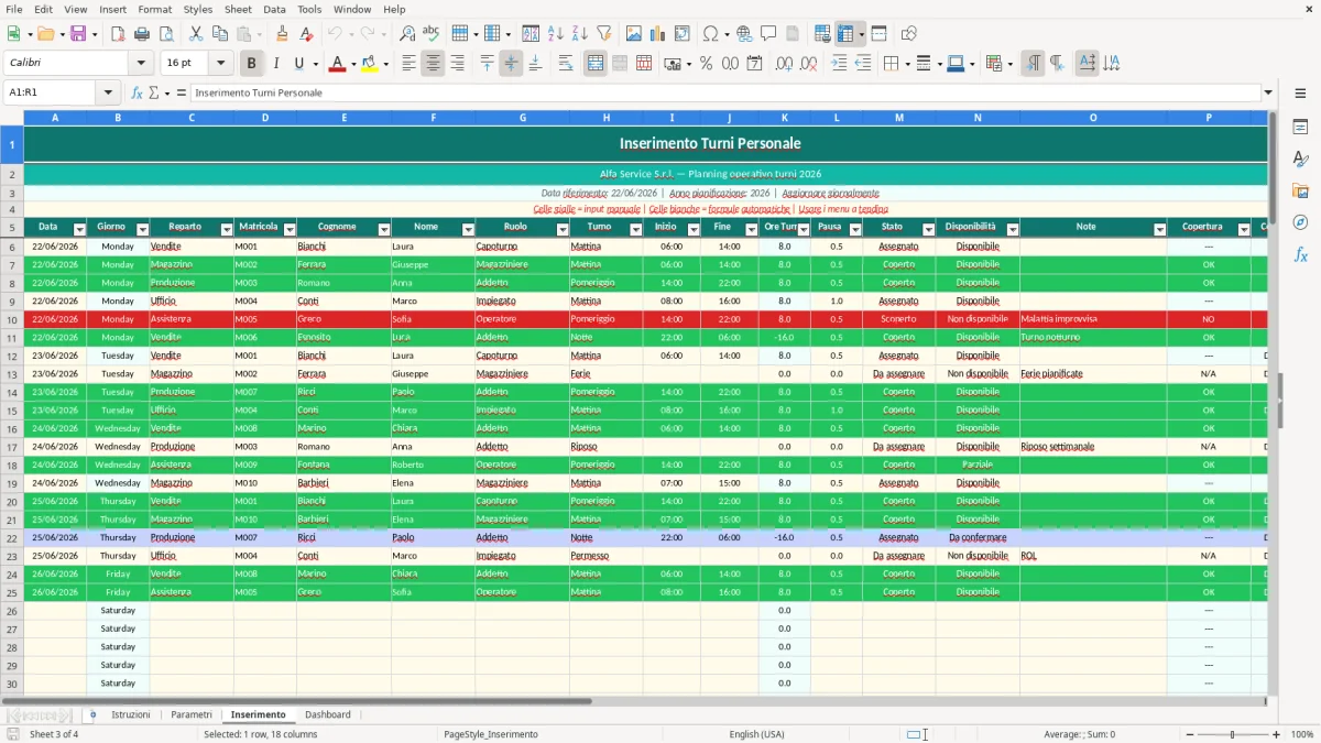 Screenshot 3: Foglio Inserimento - Modello Excel Pianificazione turni personale Excel - Modello Gratis (2026)