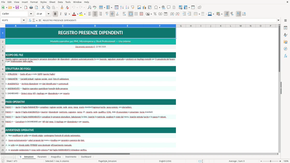 Screenshot 1: Foglio Istruzioni - Modello Excel Registro presenze dipendenti Excel - Modello Gratis (2026)