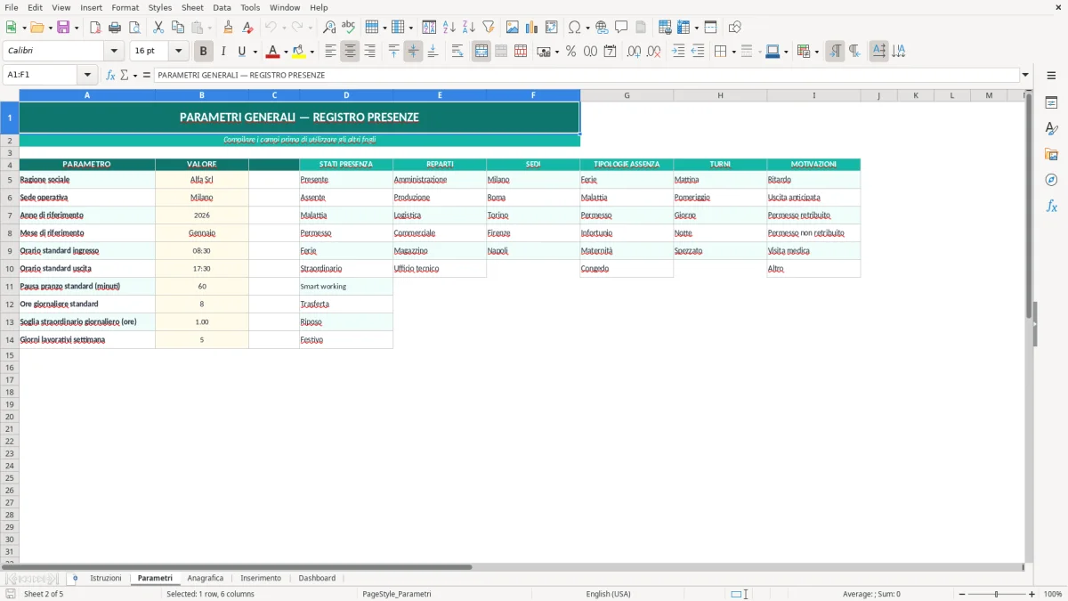 Screenshot 2: Foglio Parametri - Modello Excel Registro presenze dipendenti Excel - Modello Gratis (2026)