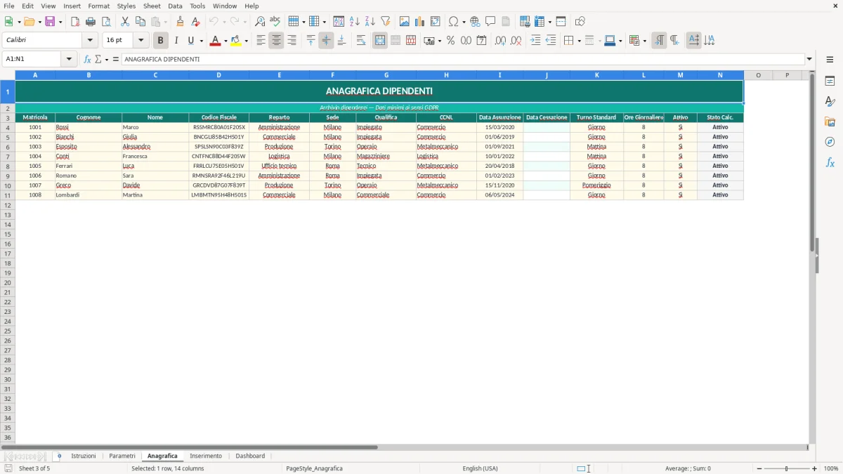 Screenshot 3: Foglio Anagrafica - Modello Excel Registro presenze dipendenti Excel - Modello Gratis (2026)