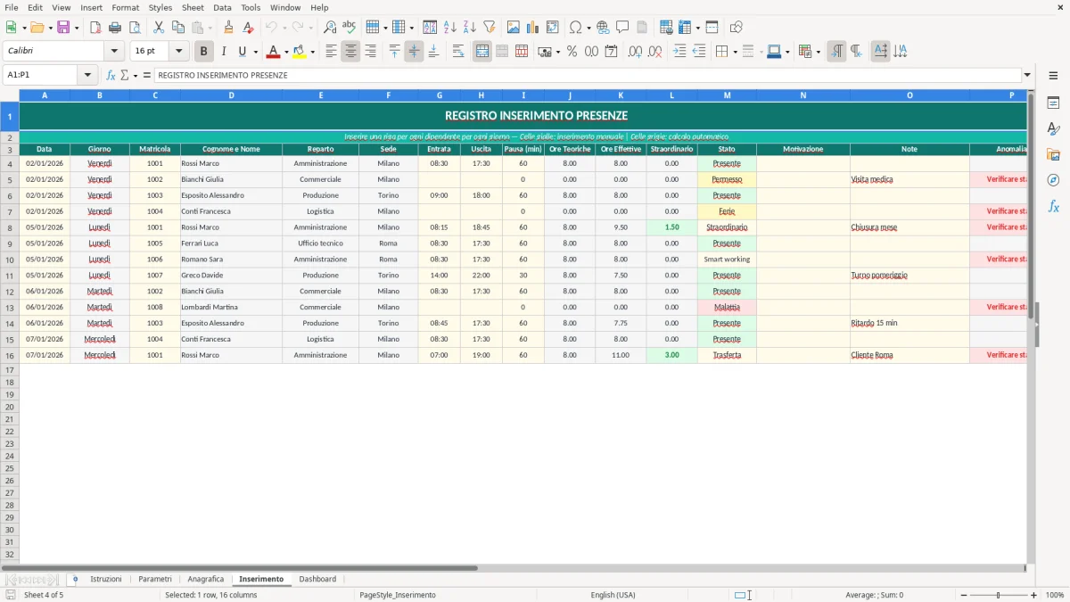 Screenshot 4: Foglio Inserimento - Modello Excel Registro presenze dipendenti Excel - Modello Gratis (2026)