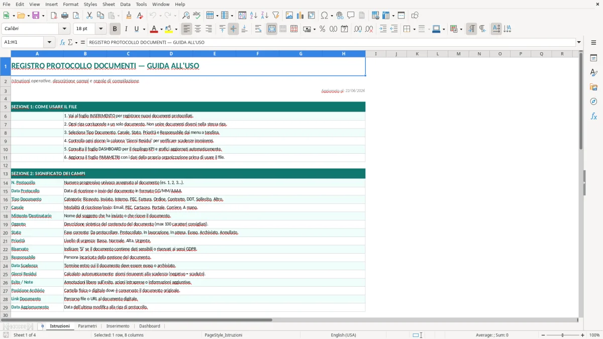 Screenshot 1: Foglio Istruzioni - Modello Excel Registro protocollo documenti Excel - Modello Gratis (2026)